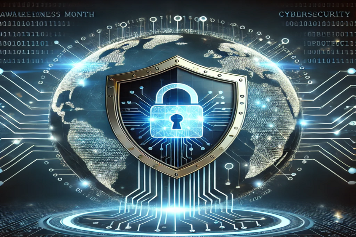 Cyber Security Awareness Month illustration showing a glowing padlock and shield with network connections, emphasizing digital safety and secure internet services by Falconet Internet Private Limited."